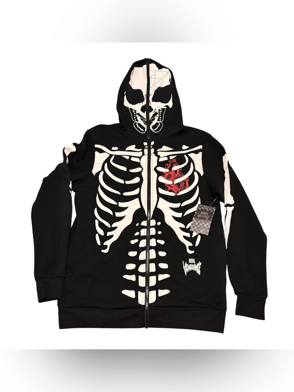Black Skeleton Zip Hoodie with Red Ribcage Accent